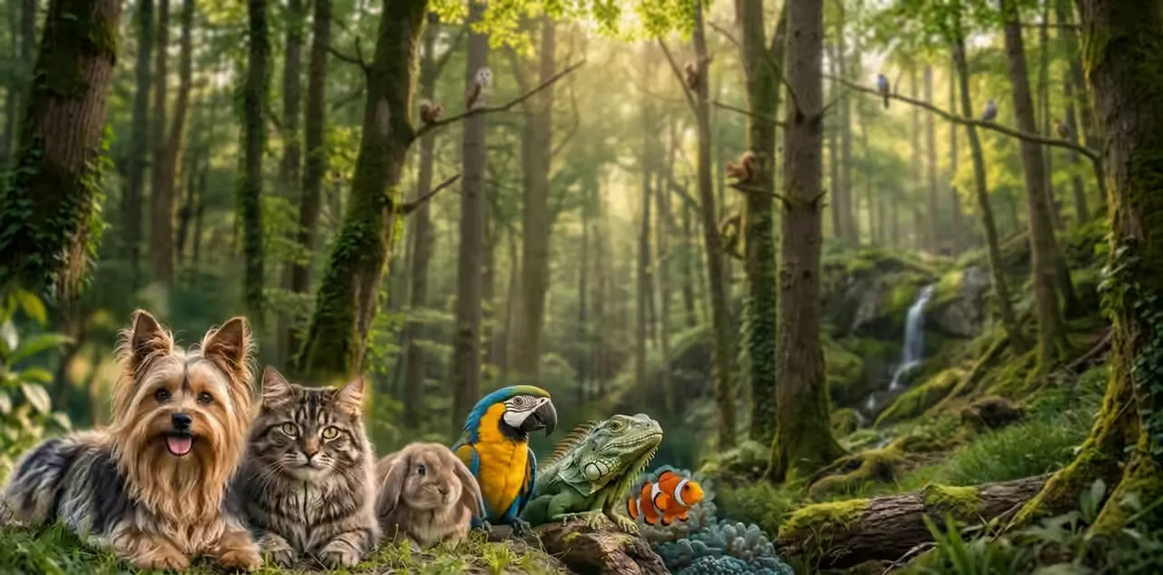 Un terrier, un gato atigrado, un conejo, un guacamayo, una iguana y un pez payaso juntos en un bosque