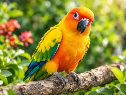 Cotorra del sol de colores naranja y amarillo posada en una rama