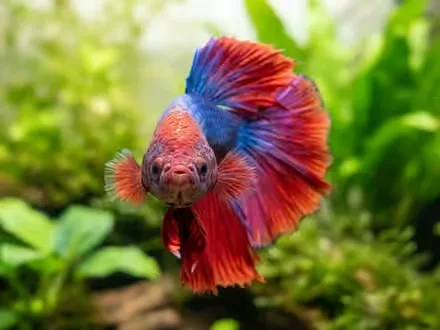 Pez betta rojo y azul de frente en un acuario con plantas