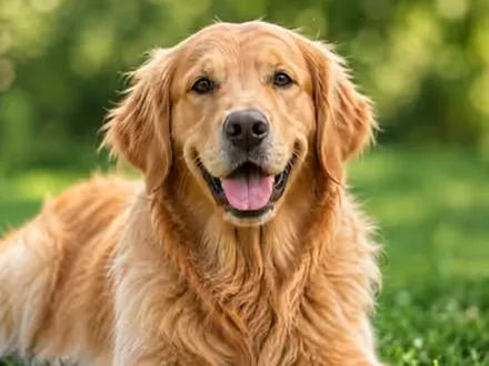 Golden retriever sonriente echado sobre el pasto