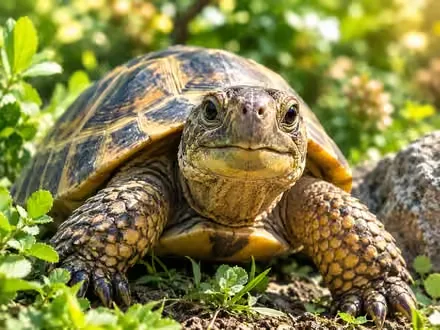 Tortuga de tierra mirando a cámara entre el pasto
